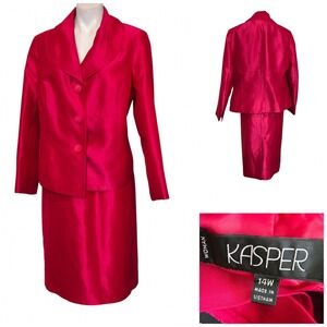 Kasper Woman Pink 2 Piece Skirt Suit Set Blazer Shawl Collar Size 14W Fuchsia